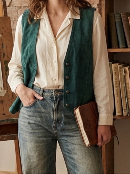 Vintage Jackets & Blazers - Vintage 90s Suede Leather Vest Forest Green Size Medium Loose Fit Cottagecore